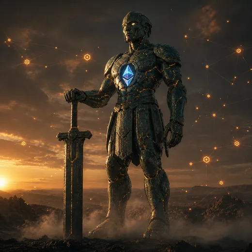 Talos — a bronze automaton holding a sword, an Ethereum diamond on its chest, set against a dusk horizon.